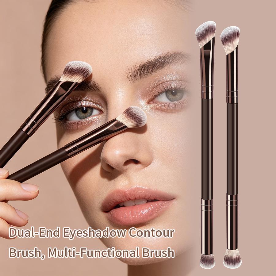Dual-Head Makeup Brush Set: Foundation, Blush, Loose Powder Brushes In Coffee Color.