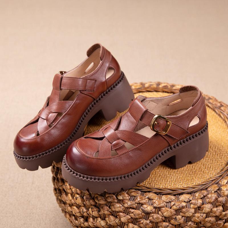 The First Layer of Cowhide Loafers Women's Summer 2025 New Leather Casual Brock Roman Platform Sandals Women's Shoes