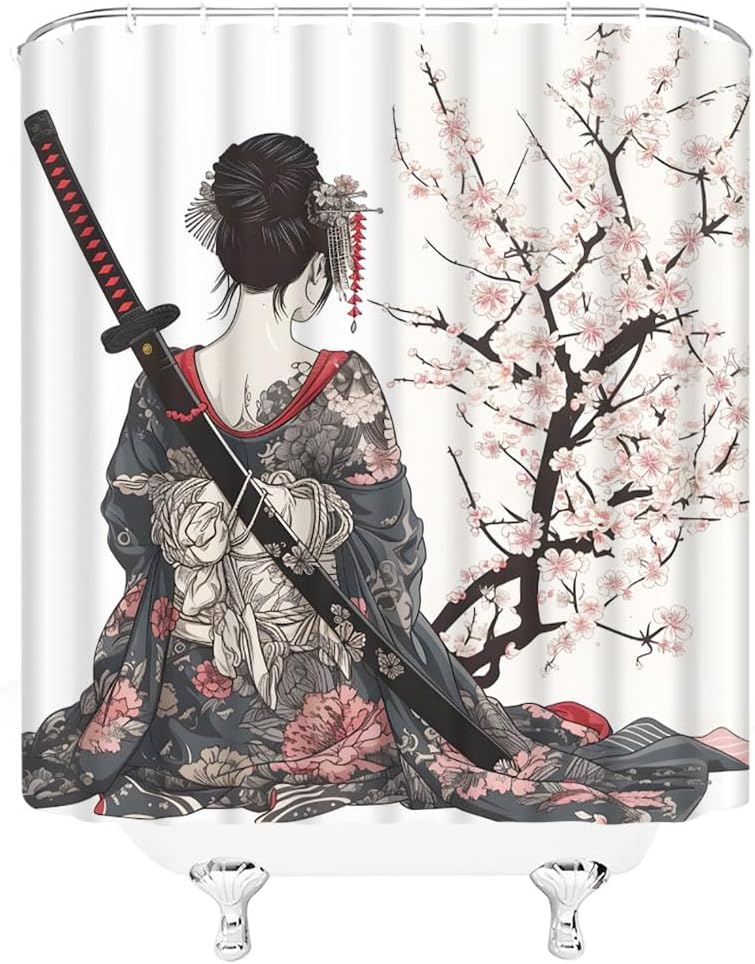 Körsbärsblomgren Duschdraperihänge Kvinnlig Anime Traditionell Tuschmålning Charmig Badrumsfönster Polyester Krok