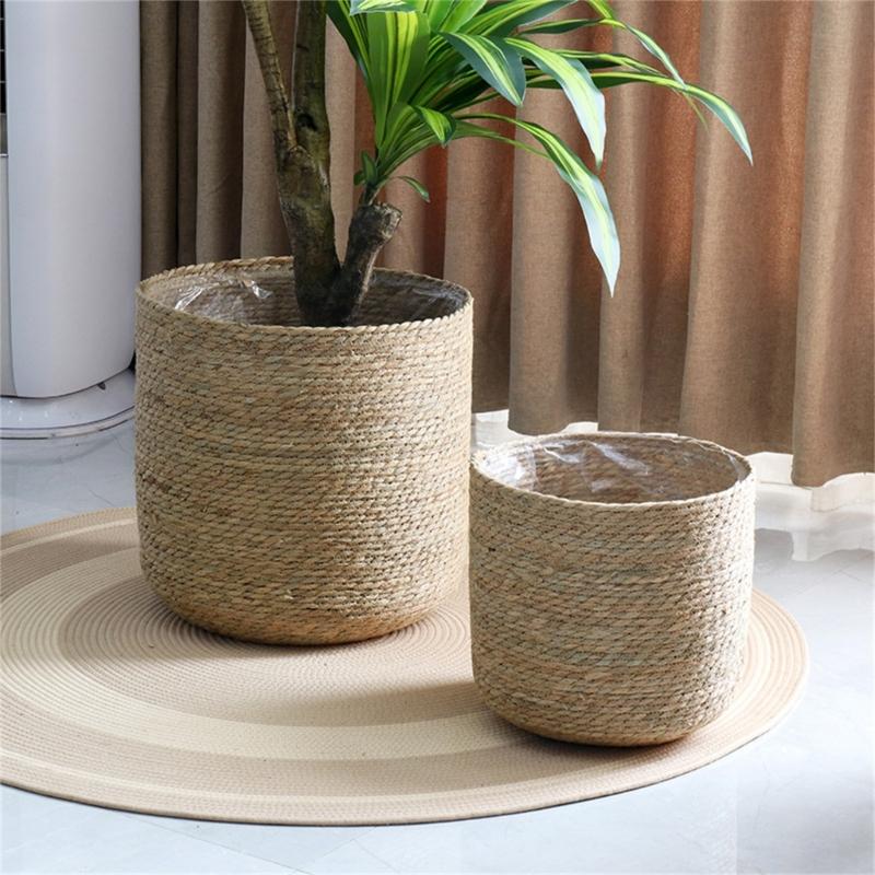 Planter Basket Hand Woven Plant Flower Pots Cover with Plastic Liner Plant Pot Storage Basket Farmhouse Plant Pot