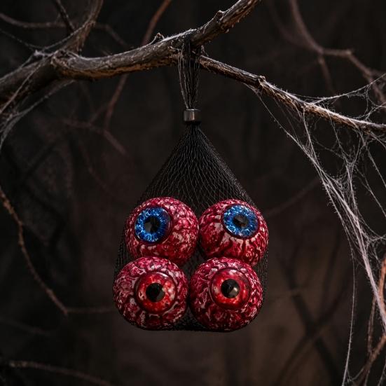 Spooky Scene Setter Props Halloween Hanging Eyeballs Decoration, 4 Pcs Scary Realistic Fake Blood Eyes in Gory Table Decorations Net Bag for