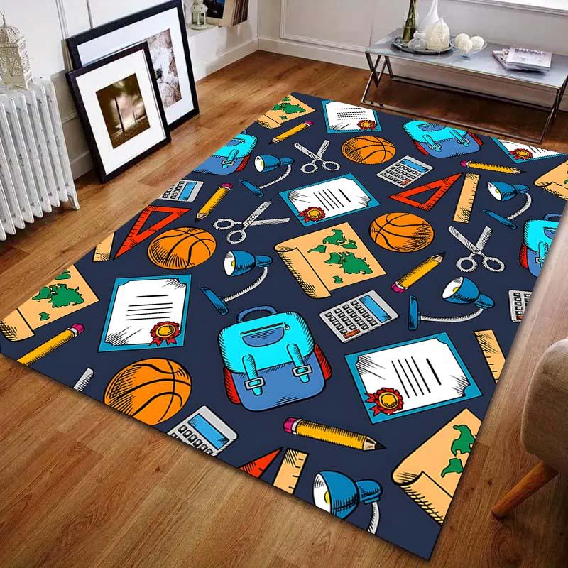 Schoolbags and Stationery Print Carpet for Living Room Bedroom Bedside Sofa Floor Mat Modern Home Decor Area Rug Kids Room