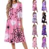 Women Halloween Print Casual Fashion Round Neck Three Quarter Sleeve Mid Length Dress Comfortable Fit Soft Fabric