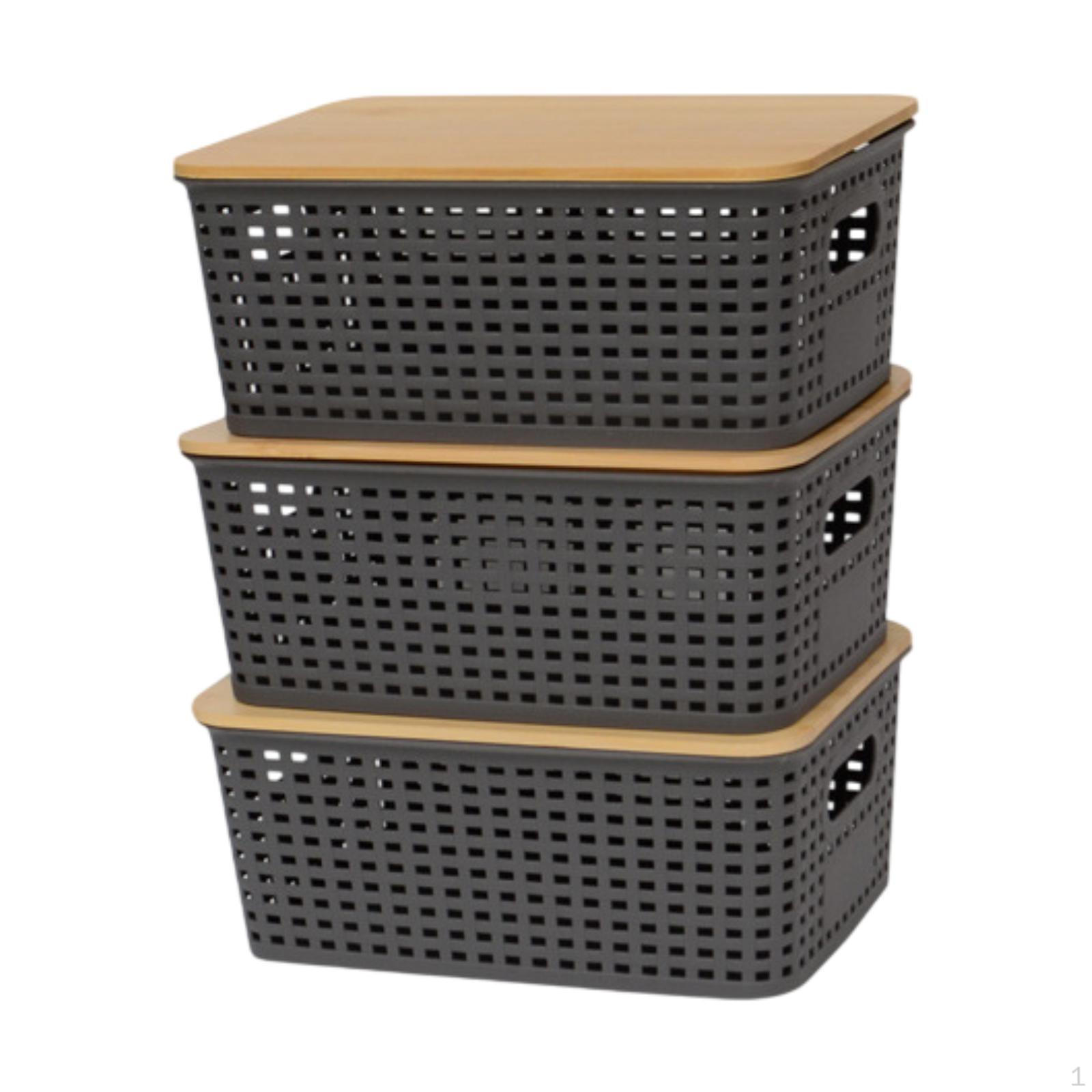 

3 шт. контейнеры для хранения с бамбуковыми крышками, штабелируемая корзина, многофункциональные ручки, органайзер серый