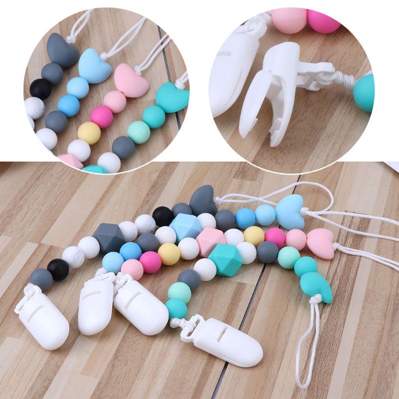 Baby Teething Pacifier Chain Clips With Silicone Beads Nipples Holder ...
