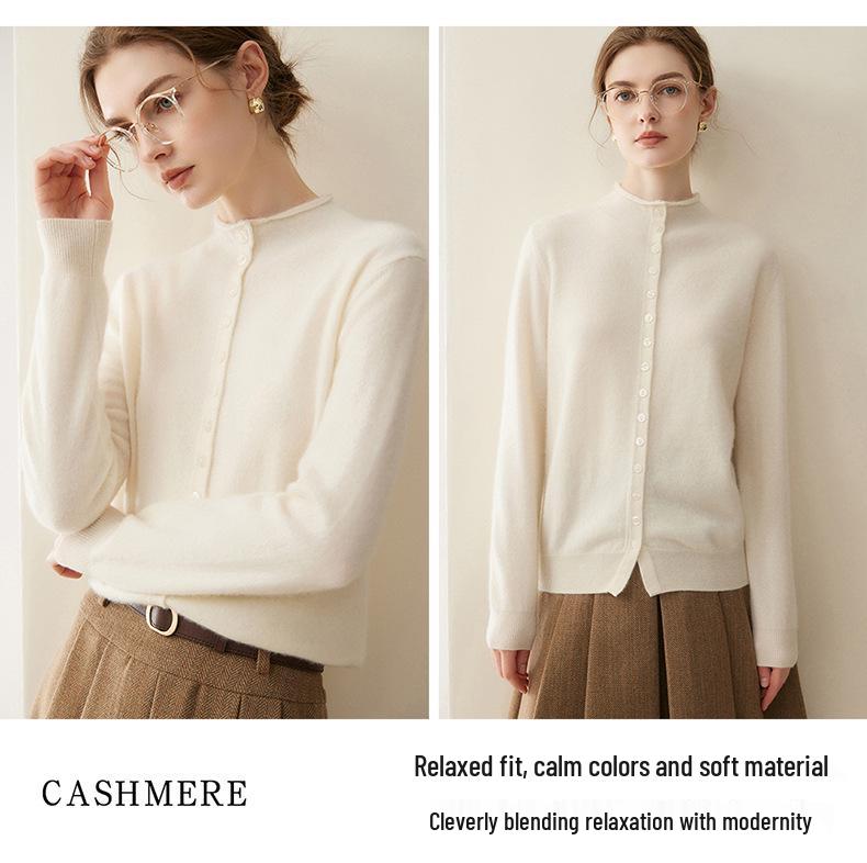 100% Pure Cashmere Buttoned Cardigan - Autumn/Winter Loose Half-High Collar Short Sweater