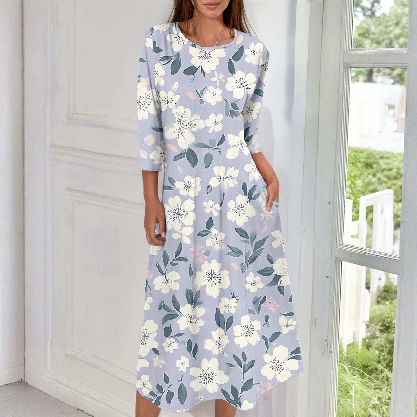 

Women s Fashion Casual Round Neck Three-quarter Sleeve Midi Dress 160 жовтий