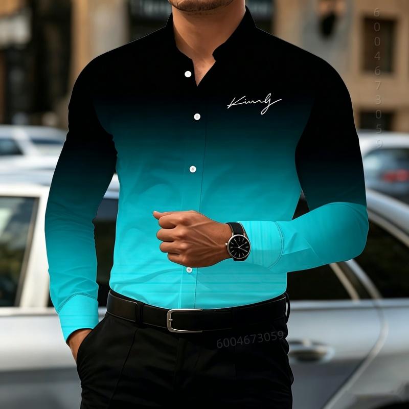 2026 Hot Selling Men's Shirt Gradient Printed Shirt Street Style Lapel Slim Fit Long Sleeved Shirt Business Casual Top