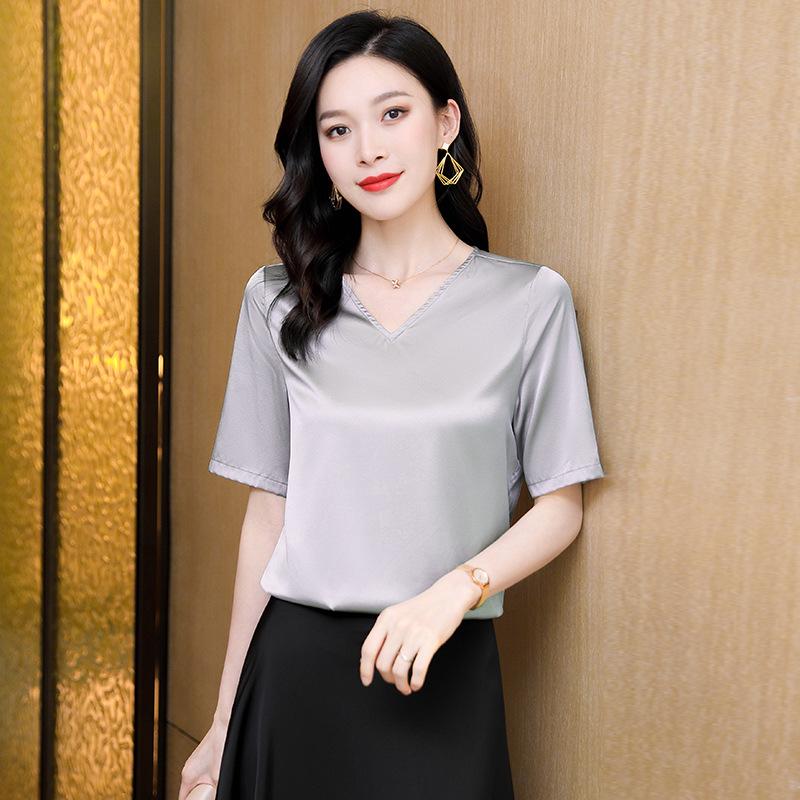 Women's Heavyweight Silk Short Sleeve Blouse - Summer Round Neck Loose Fit, Half Sleeve, Mulberry Silk