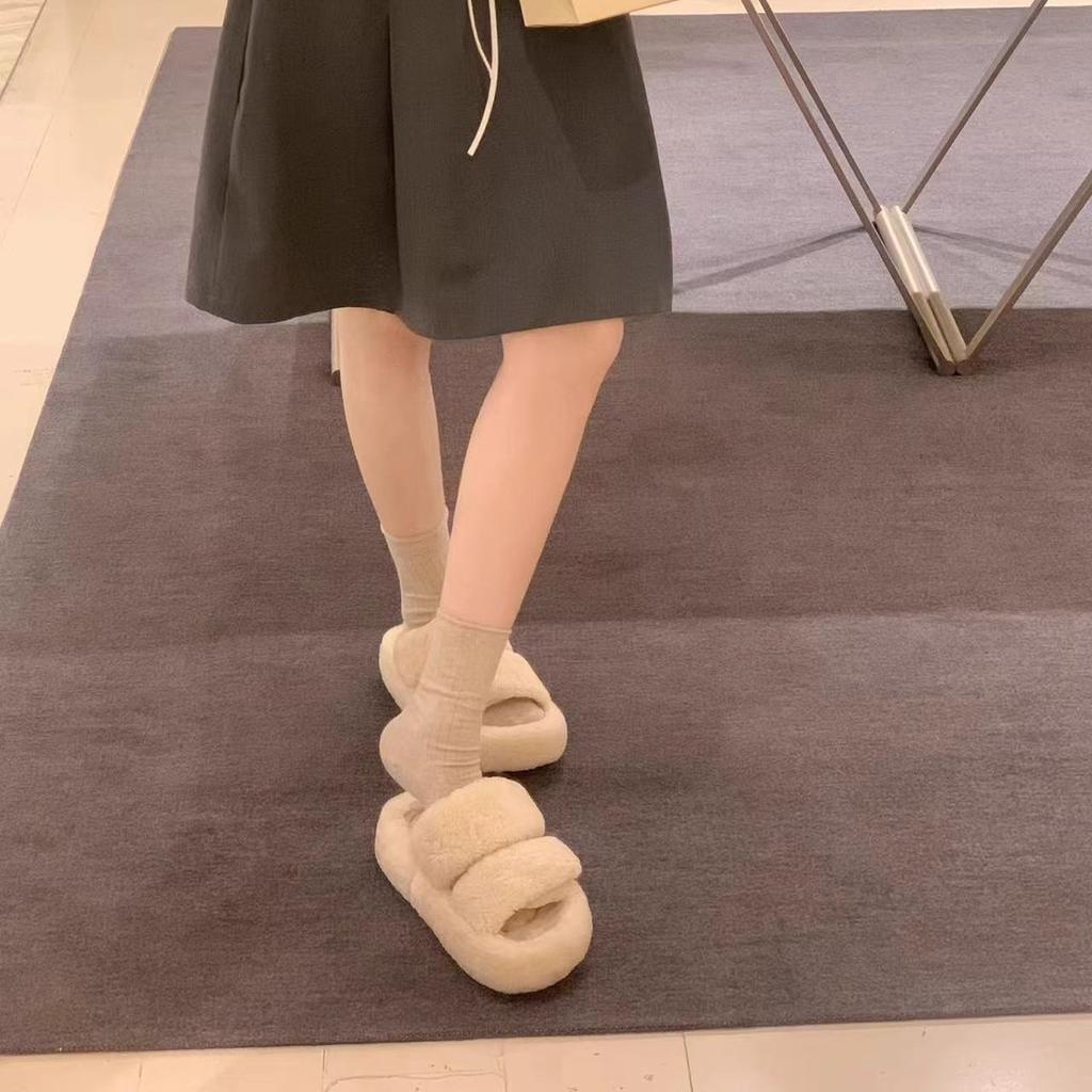 Height Increase of 5cm~ Soft Lazy Word with Fluffy Slippers Women's 2025 Autumn and Winter Muffin Thick-soled Cotton Slippers