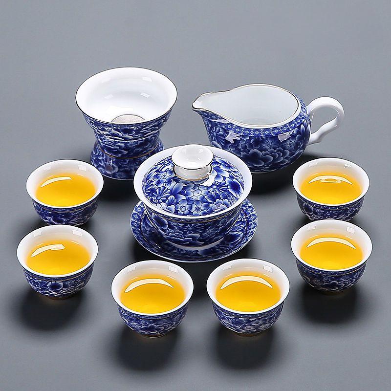 Chinese Kung Fu Tea Set, Blue and White Porcelain Teaware, Ceramic Teapot, Teacups and Filter Set, Household Tea Drinkware