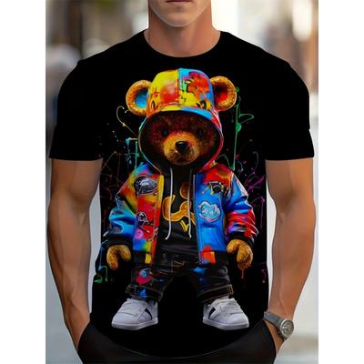 Hip-hop Style Cartoon Bear Print Men's T-shirt Summer Casual Everyday Top Urban Street Fashion Men's Oversized Short Sleeve Tees