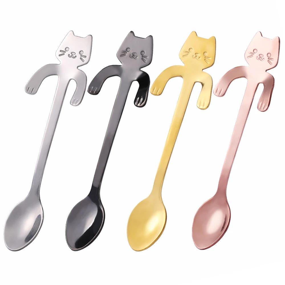 Cute Cat Coffee Spoon Stainless Steel Teaspoons Ice Cream Dessert Snack Scoops Cartoon Mini Cats Spoons Tableware Kitchen Tools