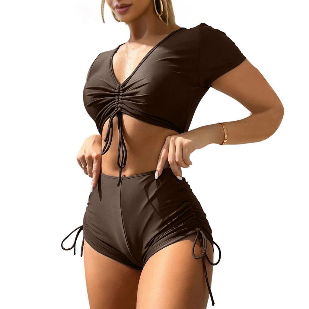 Women’s Two Piece High Waist Short Sleeve Swimsuit Set with Adjustable Drawstring Top and Ruched Bikini Bottoms for Beach Pool