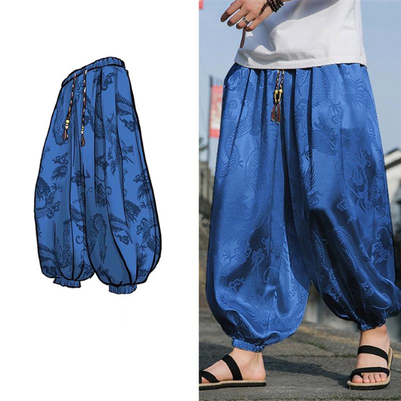 

Новые женские брюки-капри из ледяного шелка большого размера с узором дракона, свободные пляжные брюки 5XL синий