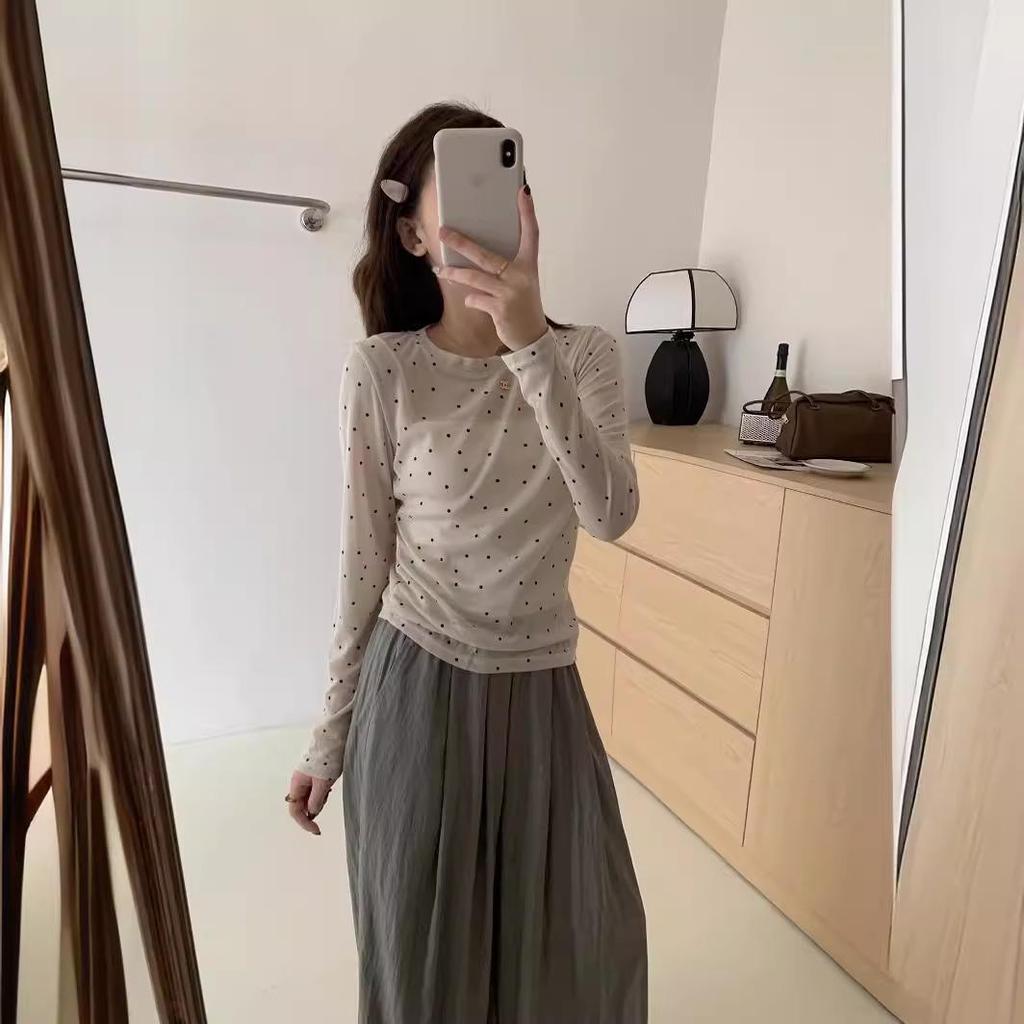 Women's Layered Polka Dot Long Sleeve T-shirt - Spring/Summer 2024 See-through Slimming Design