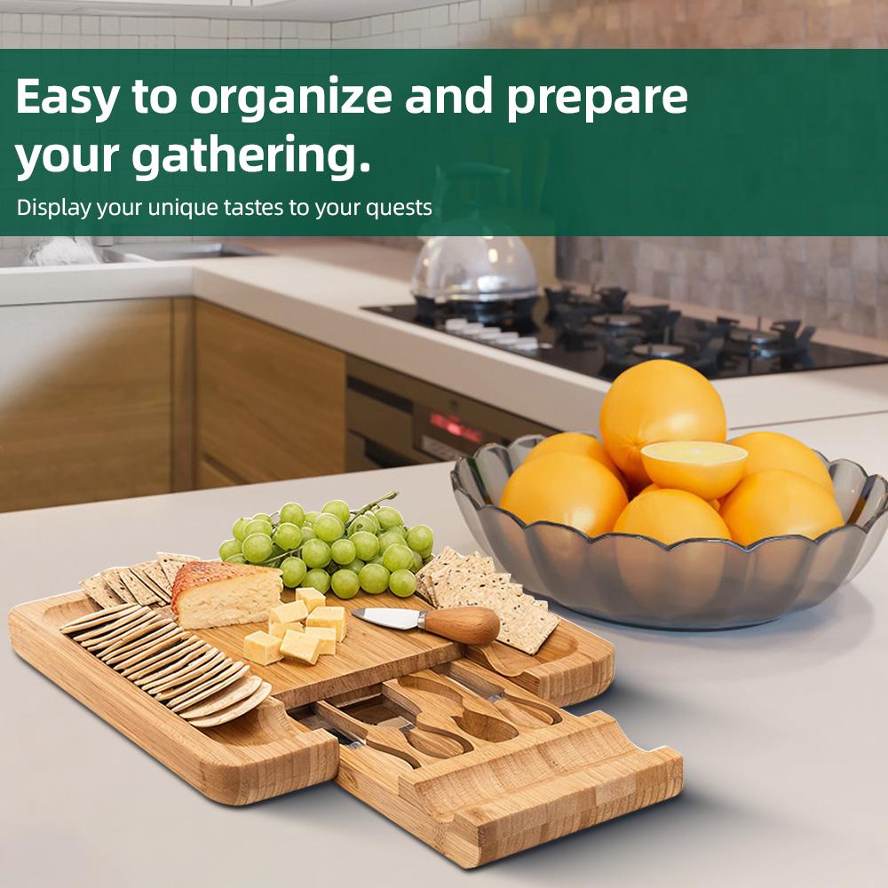 Charcuterie Boards Gift Set with 4 Cheese Knives Large Square Bamboo Cheese Boards with Hidden Utensil Drawer Partition Food Sto