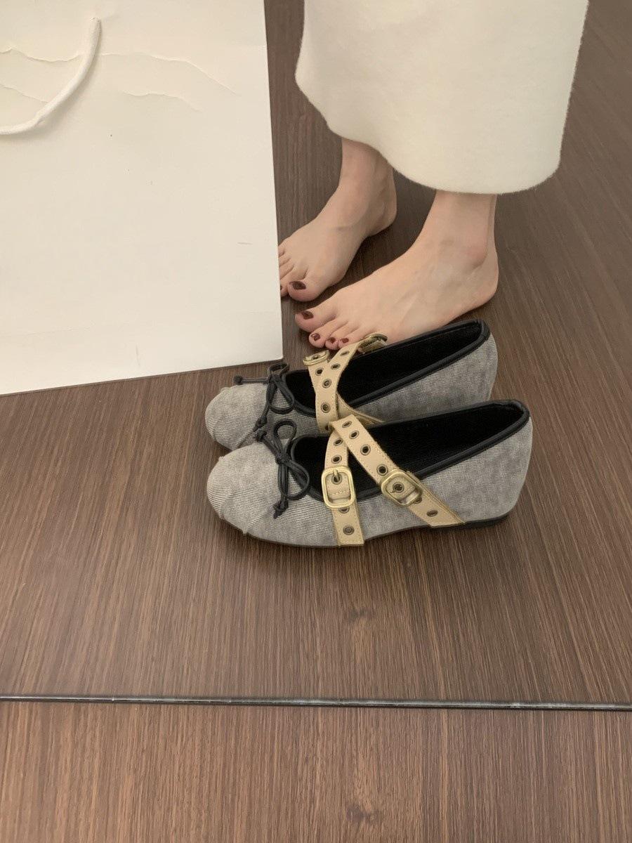 

Retro high-end denim round head Mary Jane shoes literary late evening wind cross belt height-increasing ballet single shoes women 39
