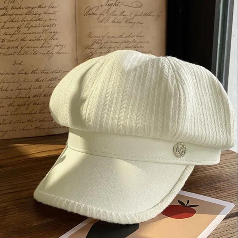 Beret Women's Autumn and Winter Pu Leather British Retro Letter Striped Octagonal Hat