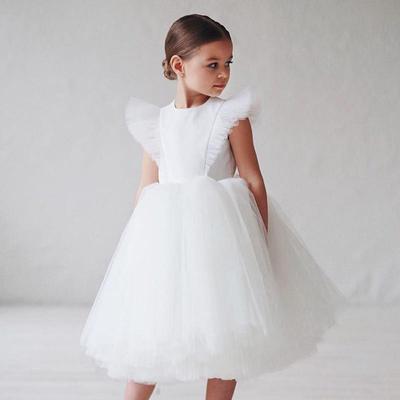 Children Solid Fashion Bow  Mesh Fluffy Sleeve  Little Girl Join Wedding Party Sleeveless Princess Dress