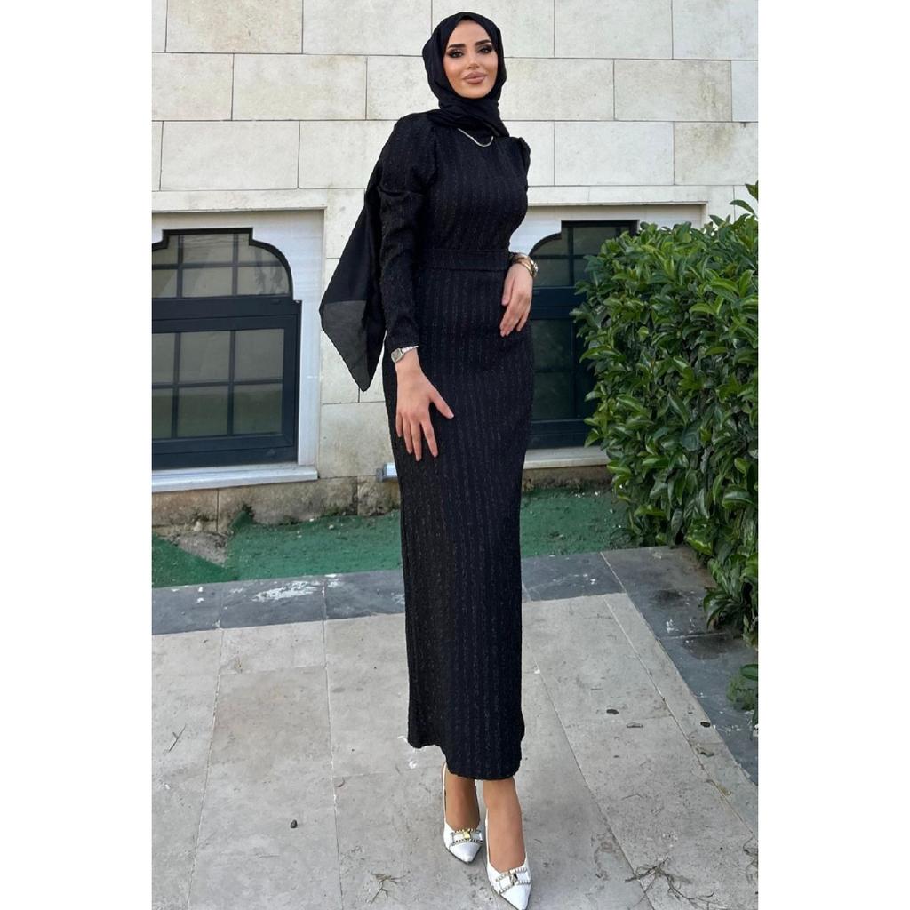Silvery Black Hijab Evening Dress With Waist Belt