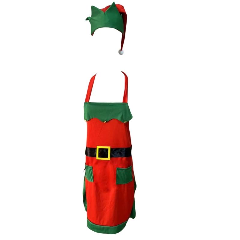 Elf Apron Cooking Aprons Kitchen Apron Christmas Apron and Hat Set Waitress Apron Christmas Elf Hat for Women Man