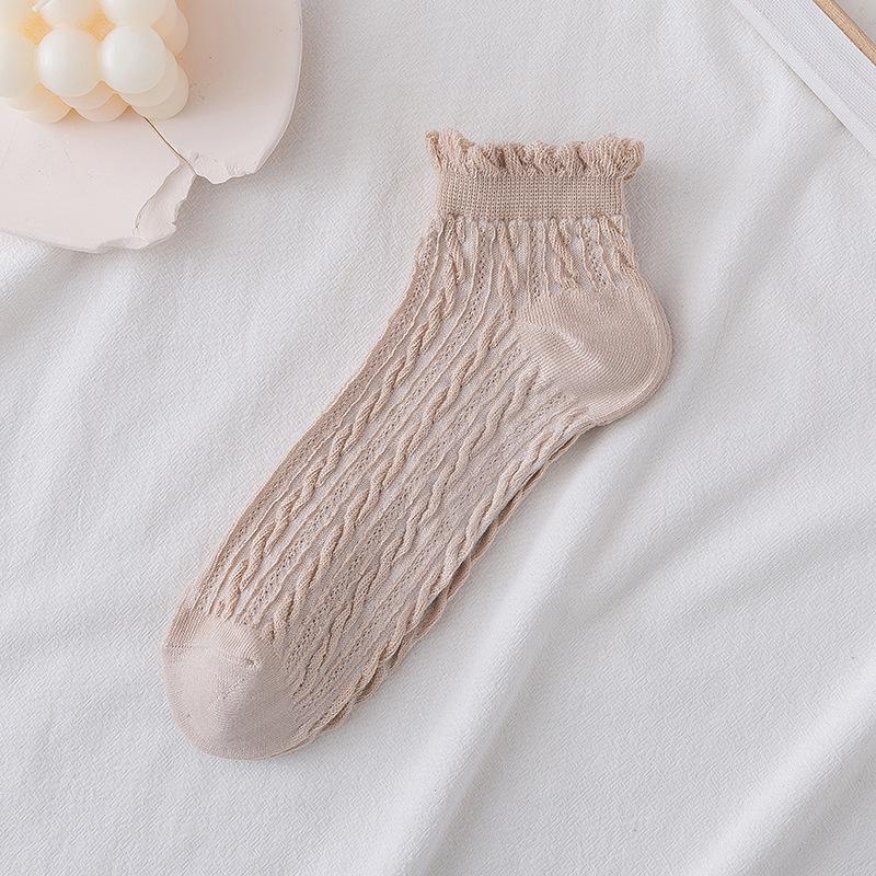 Women's Ruffle Edge Cable Knit Cotton Socks - Spring/Summer Japanese Style Short Boat Socks, Lace, Solid Colors.