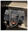 Trendy 2026 Hong Kong Style Washed Denim Shoulder Bag with High-End Texture