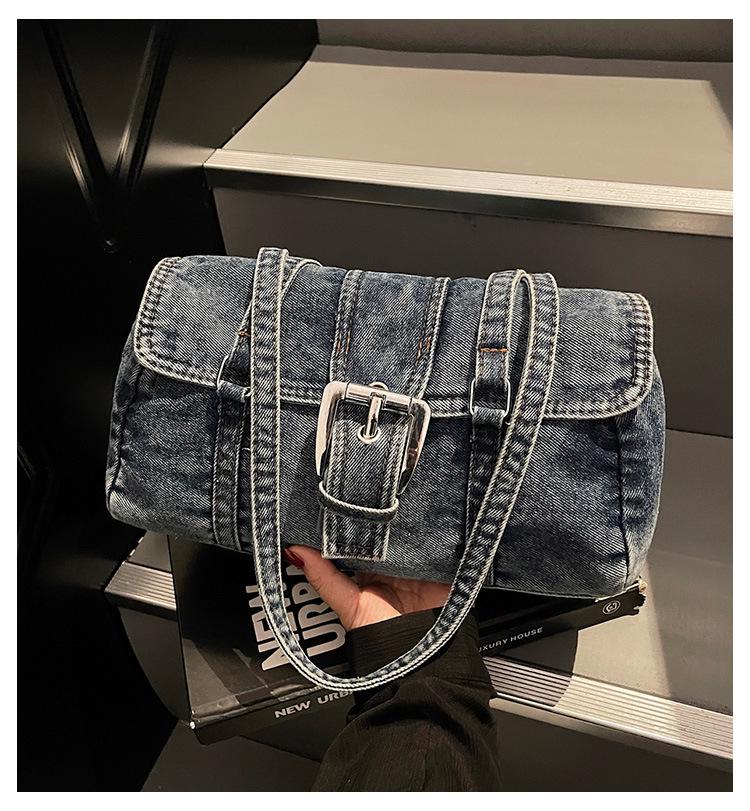 Trendy 2026 Hong Kong Style Washed Denim Shoulder Bag with High-End Texture