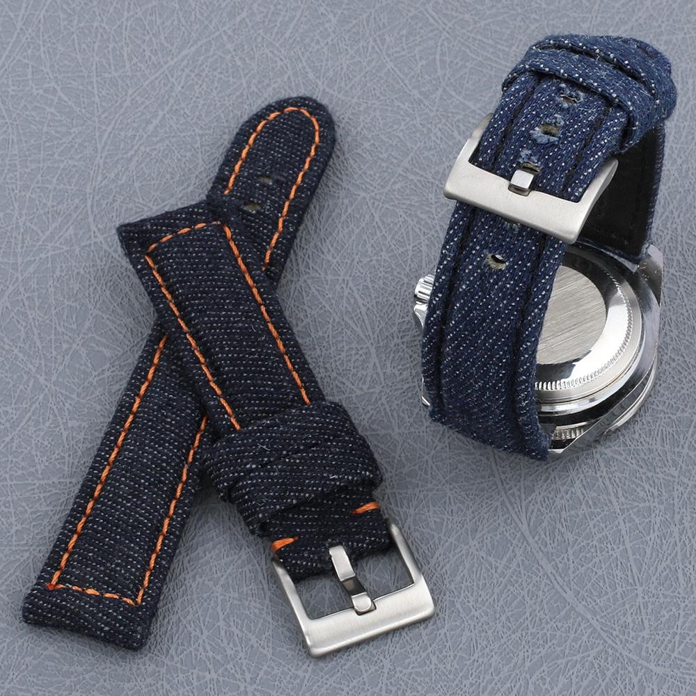 Vintage Handmade Denim Leather Watch Strap 20mm Blue Black Gray Watch Band for Men Women Wristband Bracelet Accessories