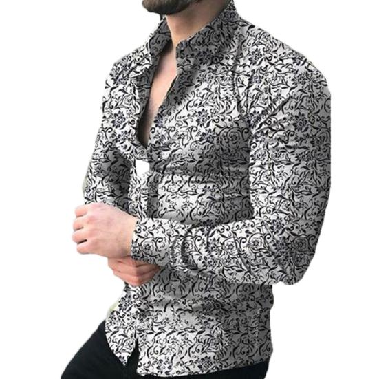 Fashion Men Casual Floral Print Slim Fit Long Sleeve Turn Down Collar Shirt Top