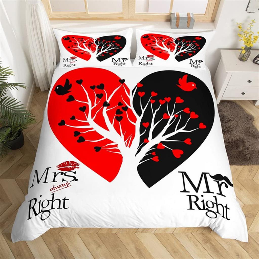 Paar Romantische Hochzeit Herr und Frau Bettbezug Mikrofaser Lustige Zitate Liebesherz Glück Liebesvögel für Valentinstag Erwachsene
