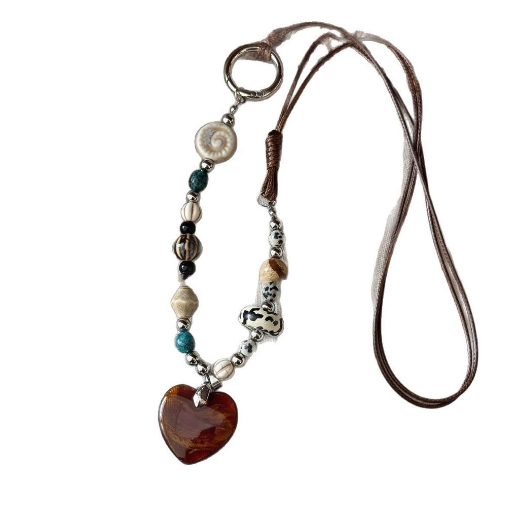 Ethnic Style Heart Pendant Necklace with Ceramic, Stone, and Wood Beads - Women's Sweater Chain