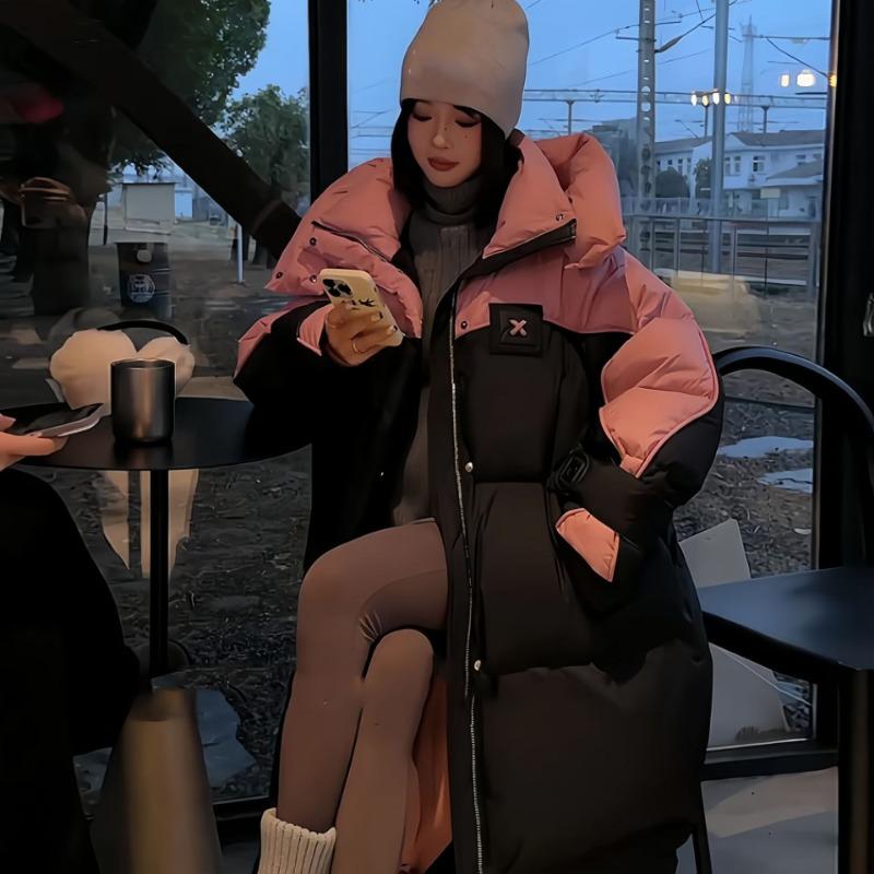 Winter New Long Cotton-padded Coat Hooded Thickened Warm Down Cotton-padded Loose Color Matching Coat Trendy