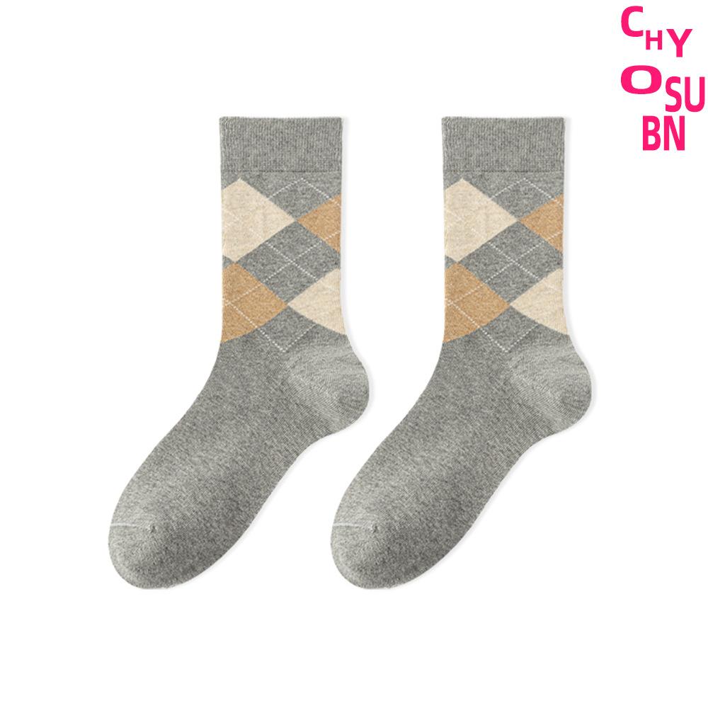 

Женские весенне-летние ретро ромбовидные бесшовные хлопковые носки-гольфы в студенческом стиле 1 pair серый