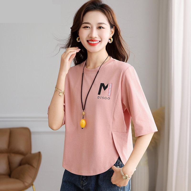 High-quality pure cotton medium-sleeved top women's seven-quarter-sleeved high-end summer thin loose women's short-sleeved t-shirt bottoming shirt