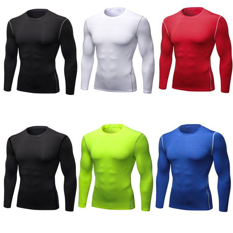Herren Bunt Schnelltrocknend Kompressions-Tights Langarm Laufshirt - Atmungsaktive Elastische Basisschicht für Sport Fitness