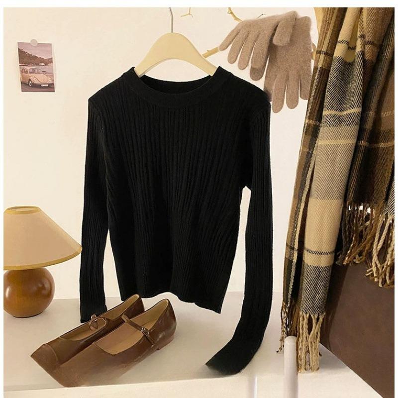 Slim-fit crew neck bottoming shirt for women's spring and autumn new sweater with long-sleeved women's solid-color knitted sweater top for women