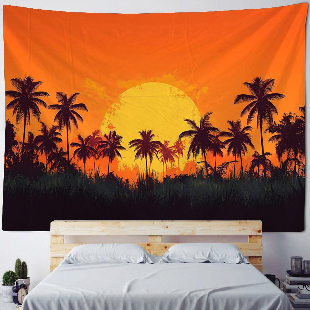 Coconut Tree Sunrise Tapestry Retro Sea View Oil Painting Art Wall Hanging Home Decoration Hippie Wall Background Poster