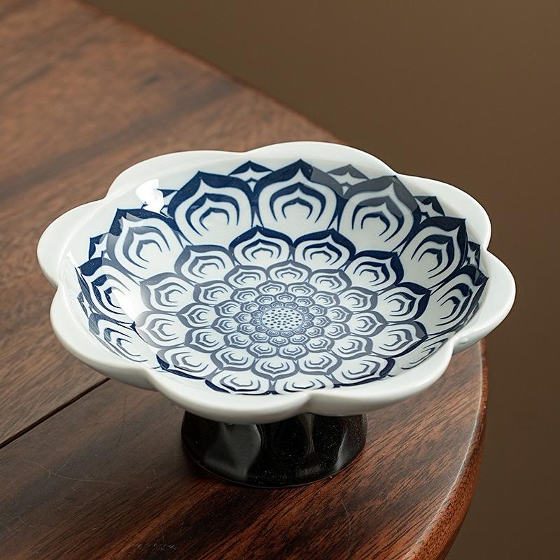 Blue and White Porcelain High Foot Dessert Plate Creative Ceramic Fruit Tray for Tea Room Dry Nuts Snacks Serving Tray