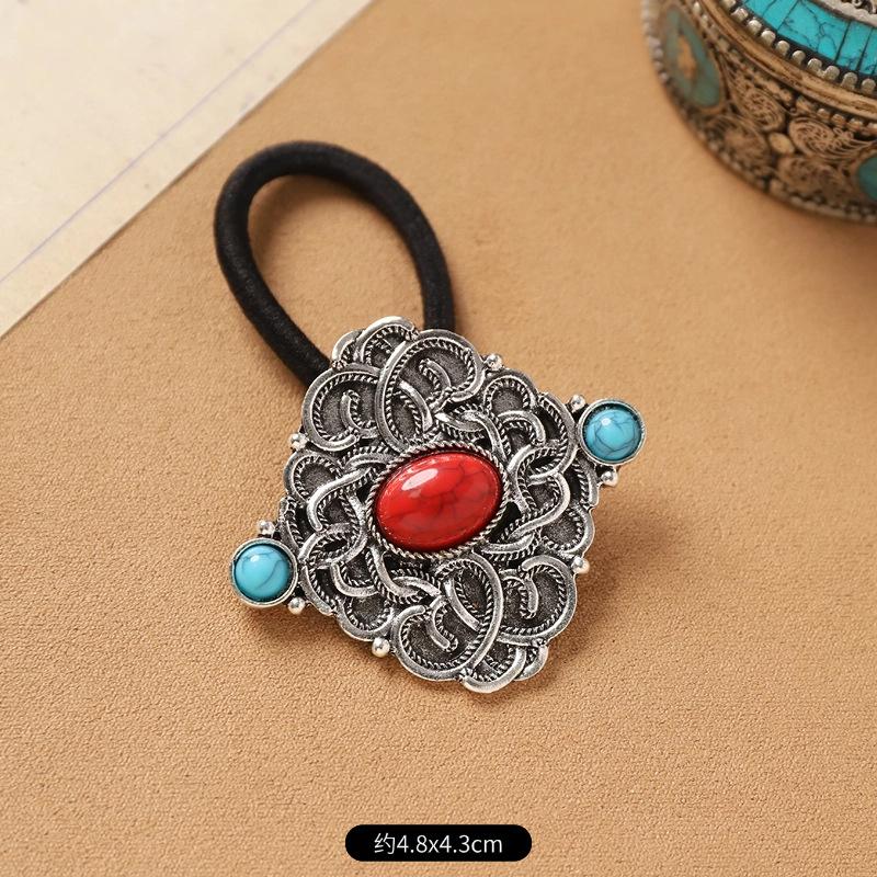 Mongolian Tibetan hair accessories retro turquoise inlaid hair rope niche exotic hair tie rubber band headrope women