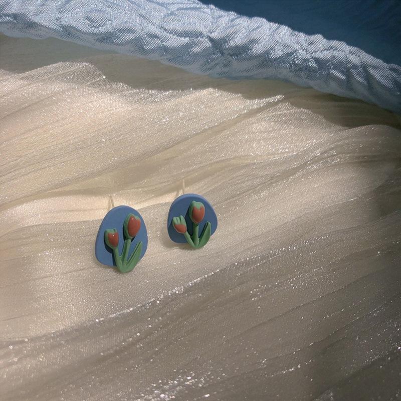 

Серьги-тюльпаны: Красочный цветочный дизайн, женские нишевые корейские летние украшения в стиле колор-блок синий