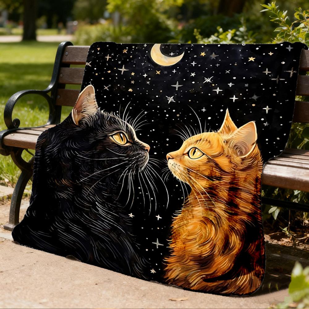 1pc Cat Night Sky Print Outdoor Flannel Blanket , Machine Washable Perfect Gift for Birthday , Holiday Travel Accessory , Durable Material