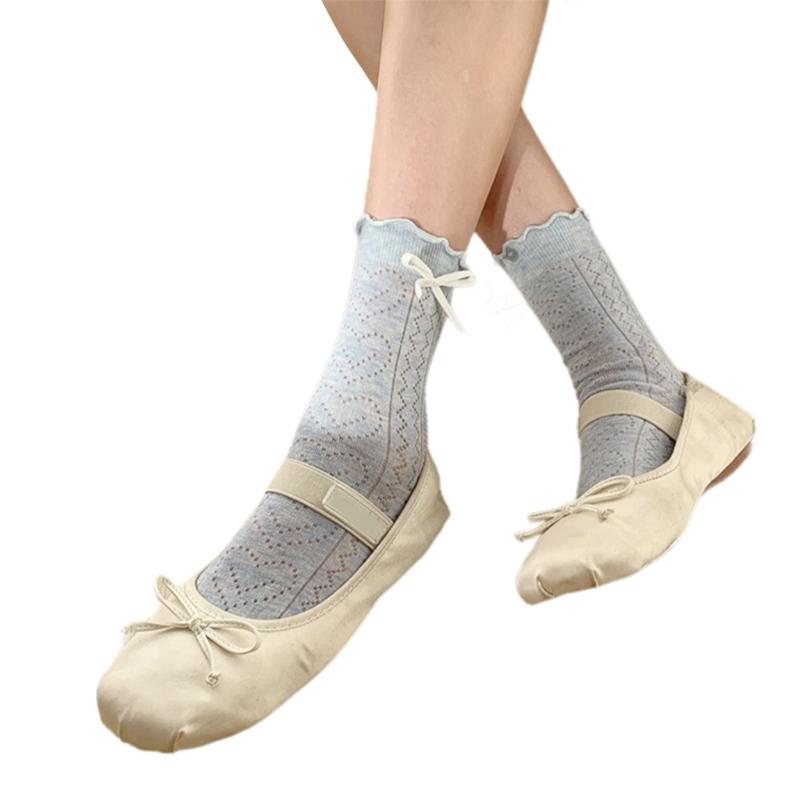 Women's Japanese Sweet Bowknot Accent Crew Socks Elegant Students Hollowout Heart Pattern Ruffle Top Middle Calf Socks
