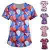 Camisa feminina de bolso de trabalho com estampa do Dia da Independência feminina manga curta com decote em V