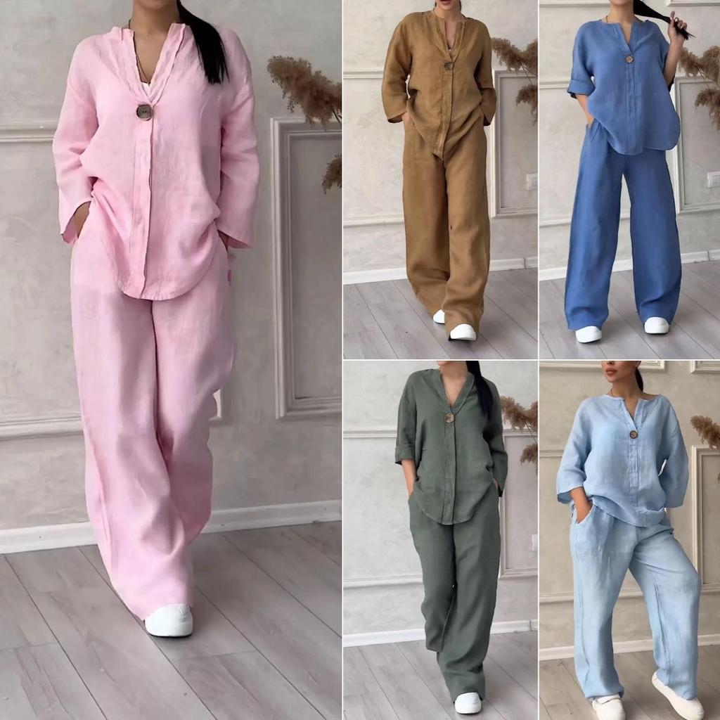 Women's Cross-Border Fashion Solid Color Cotton Linen Casual Set Pants