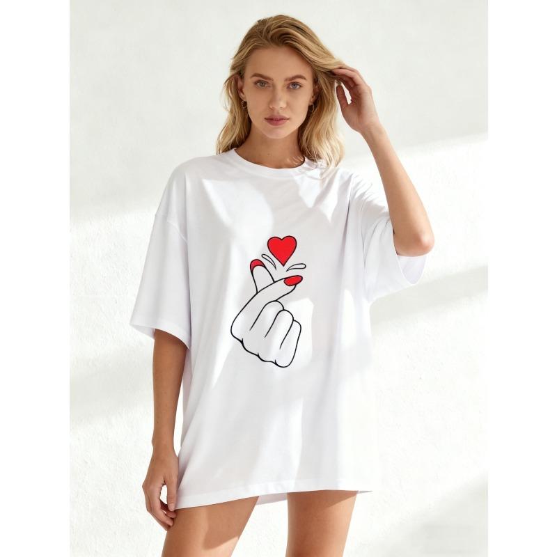 Übergroßes T-Shirt Schwarzes Herz Handgesten-Print Lässige Streetwear Sommer-Oberteil für Damen