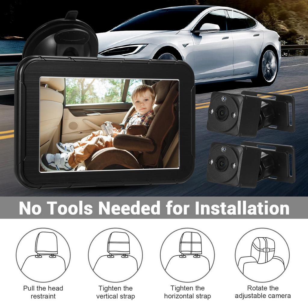 Baby Car Camera Dual Channel 5 inch 1080P Car Baby Camera Display with 2 IR Night Vision Camera and 150° Wide View Angle
