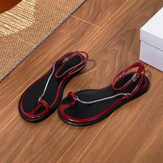 

2025 summer Korean set toe one-word buckle strap women s outer wear toe holiday wind beach flat Roman open-toed sandals 40 красный