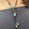 Retro Artistic Cotton-Linen Ceramic Necklace with Tassel Pendant for Women, Ethnic Forest Style, Versatile Long Sweater Chain Accessories.